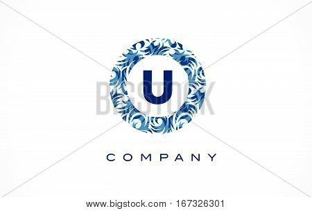 U Logo Blue Pattern Logo. Letter U Flower Texture Icon Vector.
