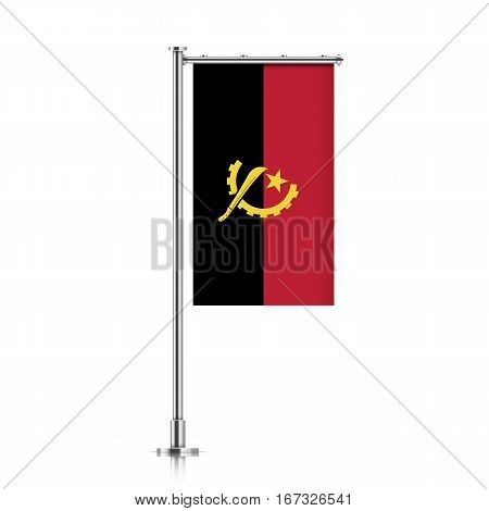 Angola vector banner flag hanging on a silver metallic pole. Vertical Angola flag template isolated on a white background.
