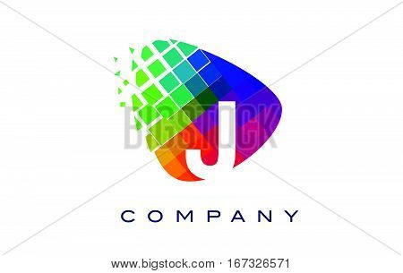 Letter J Colourful Logo. Rainbow J Letter Icon with Shattered Blocks.
