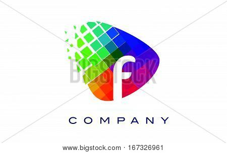 Letter F Colourful Logo. Rainbow F Letter Icon with Shattered Blocks.