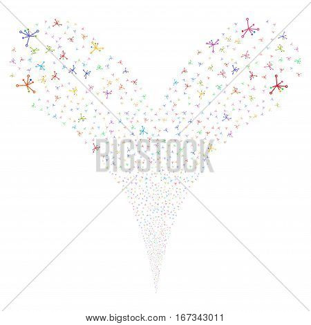 Big Bang fireworks stream. Vector illustration style is flat bright multicolored iconic symbols on a white background. Object double fountain combined from random pictograms.
