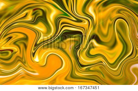 Marble abstract background digital illustration. Liquid gold surface artwork with yellow paint. Precious metal flow image. Gold shades marble texture. Suminagashi ink paper. Gold pattern picture
