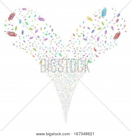 Galaxy fireworks stream. Vector illustration style is flat bright multicolored iconic symbols on a white background. Object double fountain done from random symbols.
