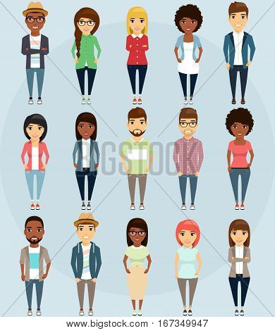 Set of people. Different ethnic groups. Different styles of clothing and hairstyles. Young boys and girls. African American and European. Happy people.