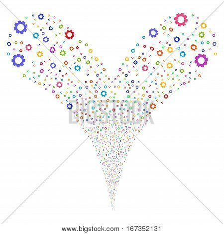 Gear fireworks stream. Vector illustration style is flat bright multicolored iconic symbols on a white background. Object double fountain combined from random design elements.