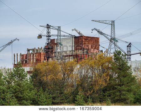 Chernobyl nuclear power station with damaged reactor block 4 in the exclusion zone