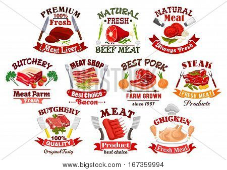 Icons of meat products like chicken on plate and beef steak, bacon with leaf and lamb or cow meat with onion and spices, forks and knives, solnice and pepperbox. Poultry product and kitchen, cooking or barbecue, butcher shop theme