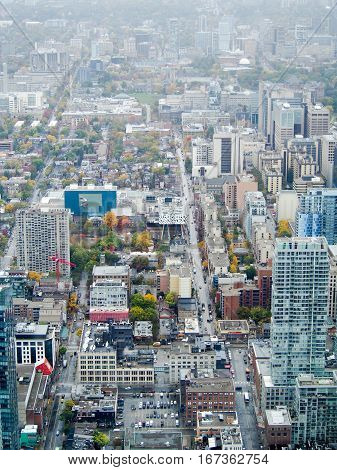 An aerial view of downtown Toronto in Canada.