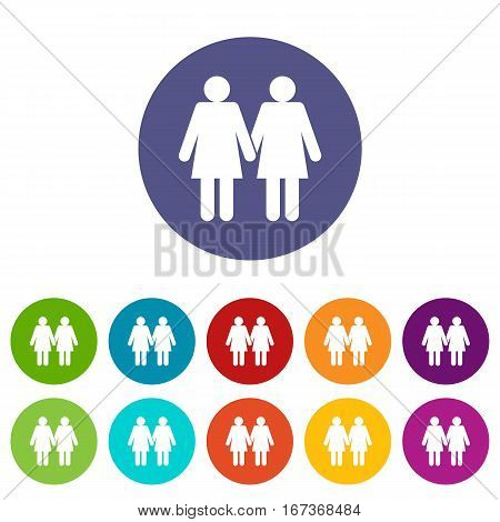 Two girls lesbians set icons in different colors isolated on white background