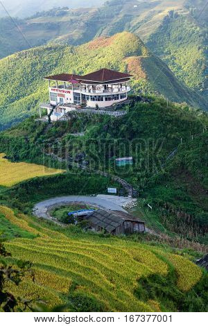 Rice fields on terraced in rainny season at Mu Cang Chai, Yen Bai, Vietnam. Rice fields prepare for transplant at Northwest Vietnam