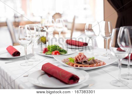 Weding party table in restaurant interior