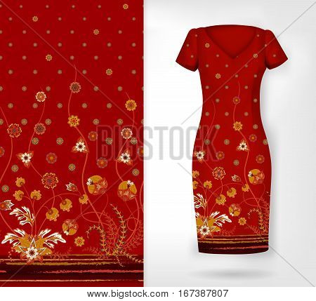 Vector seamless vertical pattern with Decorative ornament, hand drawn texture for clothes, bedclothes, invitation etc. An example of the pattern of the dress mock up. White yellow on brown.