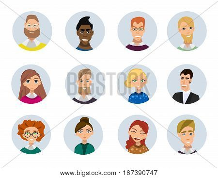 Set of diverse round avatars isolated on white background. Different clothes and hair styles. Cute and simple flat cartoon style