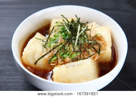 studio shot of agedashi dofu on a table