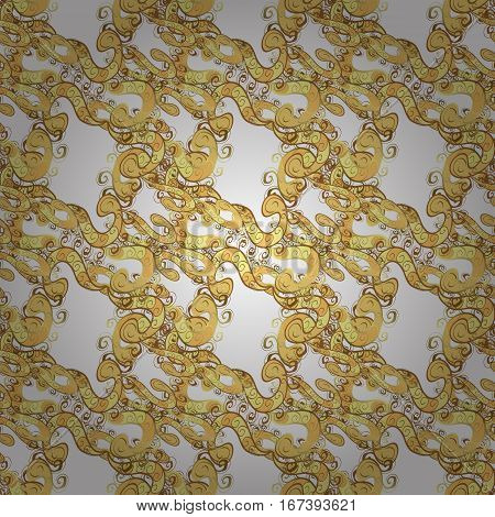 Seamless Vintage Pattern On White Background With Golden Elements. Radial Gradient Shape.