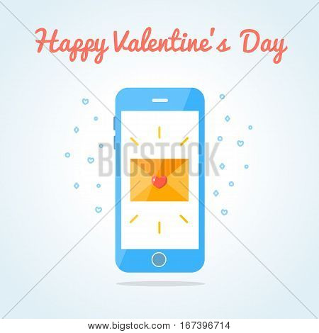 Smartphone with sealed love sms or email. Valentine s day card. Flat design. Vector illustration.
