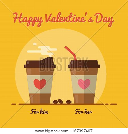 Romantic morning with coffee for two. Valentine's day card. Flat design. Vector illustration.
