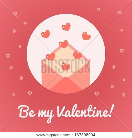 Valentine s day card with love letter Be my Valentine. Flat design. Pink colors. Vector illustration.
