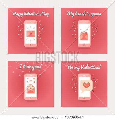 Set of greeting cards for Valentine s Day. Love letters and sms. Pink colors. Flat design. Vector illustration.