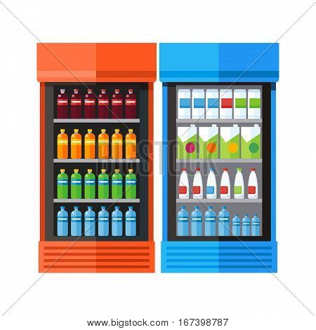 Bluea and orange showcases refrigerators for cooling drinks in bottles. Different colored bottles in drinks fridges. Fridge dispenser cooling machine. Isolated objects in flat design on white background.