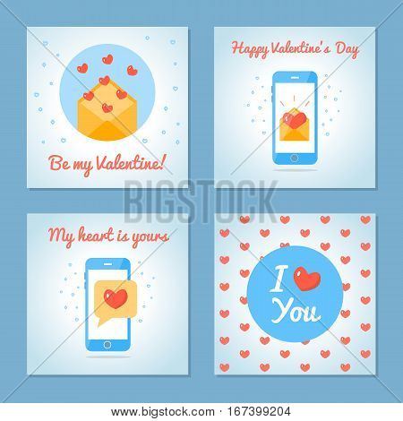 Set of greeting cards for Valentine s Day. Love letters and sms. Blue colors. Flat design. Vector illustration.