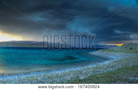 Khar lake in Mongolia during rain storm