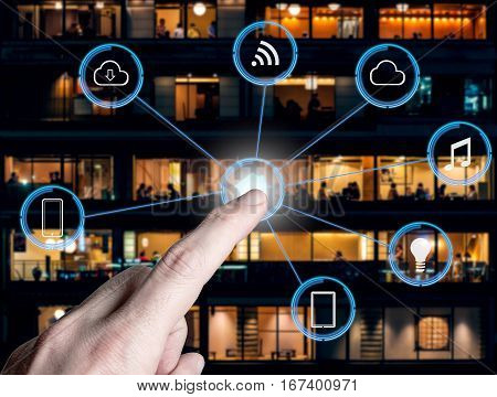 Internet of things futuristic background showing domotic connections and hand