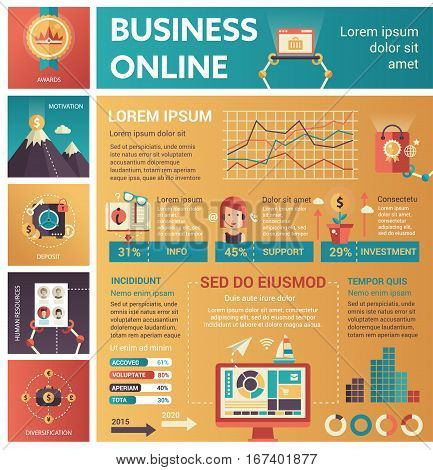 Business Online - info poster, brochure cover template layout with flat design icons, other infographic elements and filler text