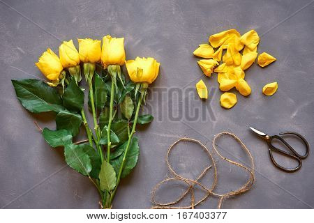 Yellow Roses Bouquet And Accessories On   Grey Background