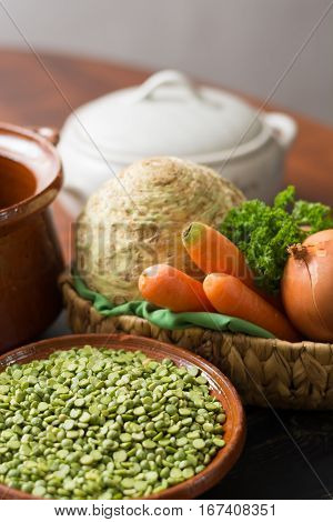 Ingredients for dried split pea vegetarian soup - carrot celery root onion parsley