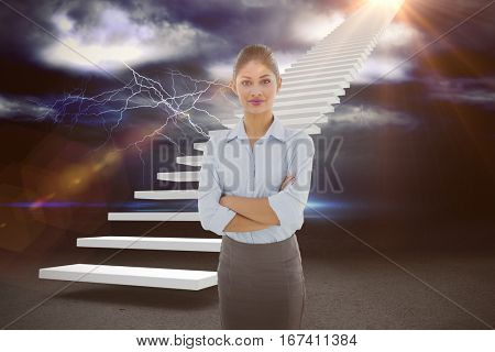 Elegant businesswoman with arms crossed in office against thunderstrom over landscape 3d