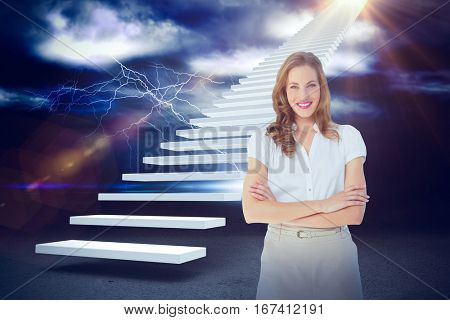 Smiling businesswoman with arms crossed against blinds against thunderstrom over landscape 3d