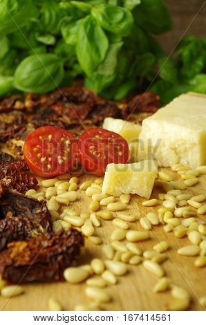 ingredients for fresh tasty home made pesto rosso