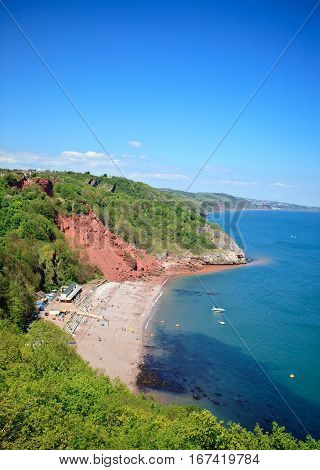 Babbacombe beach, top view of the boats in the sea, Devon, UK