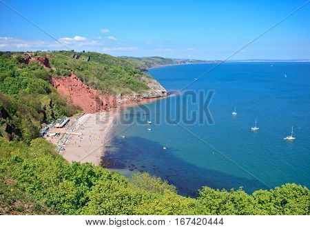 Babbacombe beach, top view of the boats in the sea, Devon, UK