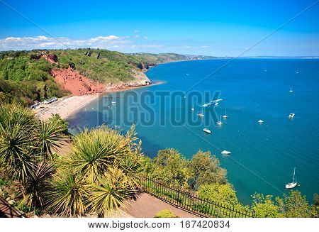 Babbacombe beach, top view of the boats in the sea, Devon, UK