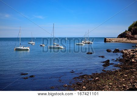 Babbacombe beach, view of the boats in the sea, Devon, UK