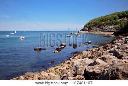 Babbacombe beach, view of the boats in the sea, Devon, UK