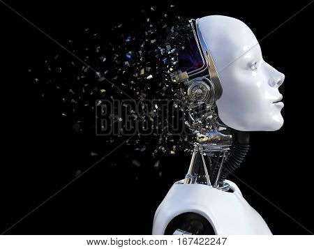 3D rendering of the head of a female robot. The head is breaking apart. Black background.