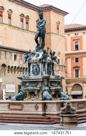 Statue On Fountain Neptune In Bologna Town