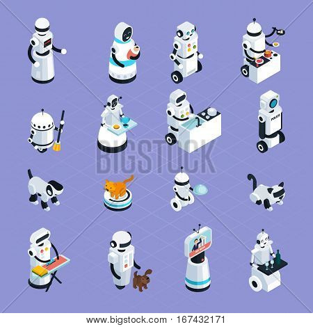 Home robots collection helping and replacing people in different activities in isometric style isolated vector illustration