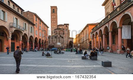 People On Piazza Giuseppe Verdi In Bologna