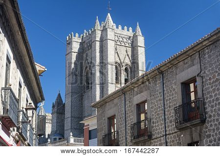 Avila (Castilla y Leon Spain): belfry of the medieval cathedral and other historic buildings