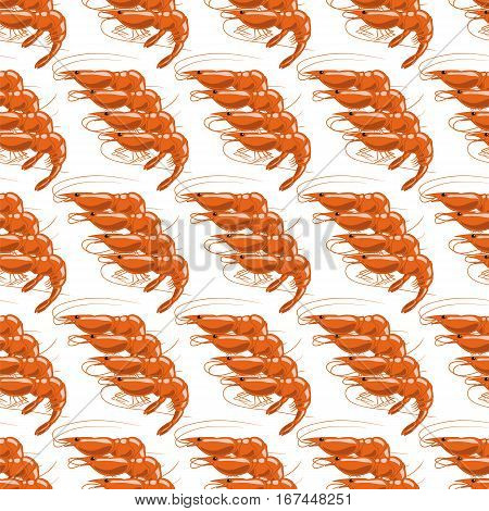 Cooked Red Shrimps Seamless Pattern on White Background. Exquisite Sea Food.