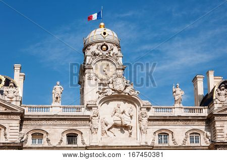 LYON, FRANCE - MAY 19: Sculptures on the roof of City Hall on Place des Terreaux. UNESCO World Heritage.