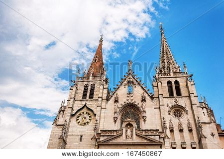 Lyon, Rhone-Alpes, France - May 19: Pediment the Church of Saint-Nizier, XIV century. UNESCO list.