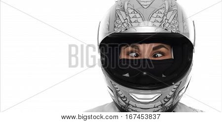 Close up portrait of crazy wowan with extereme life. Lady in motorcycle helmet on white background. Strabismus young girl. Funny female concept. Copy space for advertising motorbike goods.