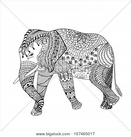 Elephant Hand drawn sketched vector illustration. Doodle graphic with ornate pattern.