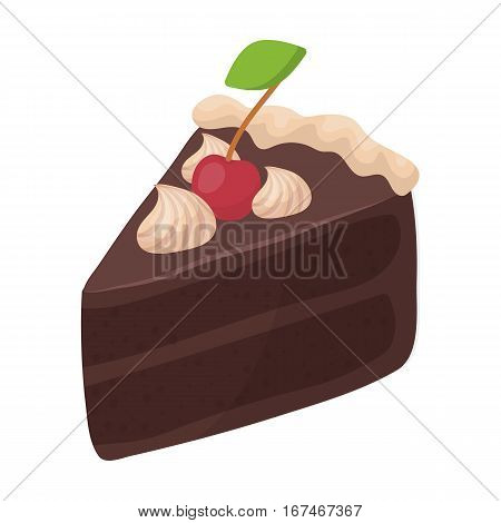 Slice of chocolate cake icon in cartoon design isolated on white background. Chocolate desserts symbol stock vector illustration.