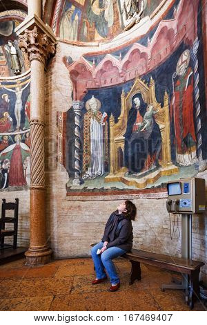 Visitor In Baptistery Of Parma City